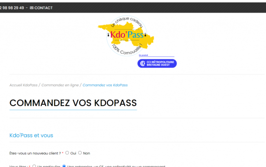 Page de paiement en ligne du site Kdopass (chèques cadeaux locaux)