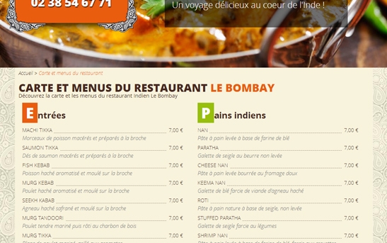 Carte menus site web resto indien